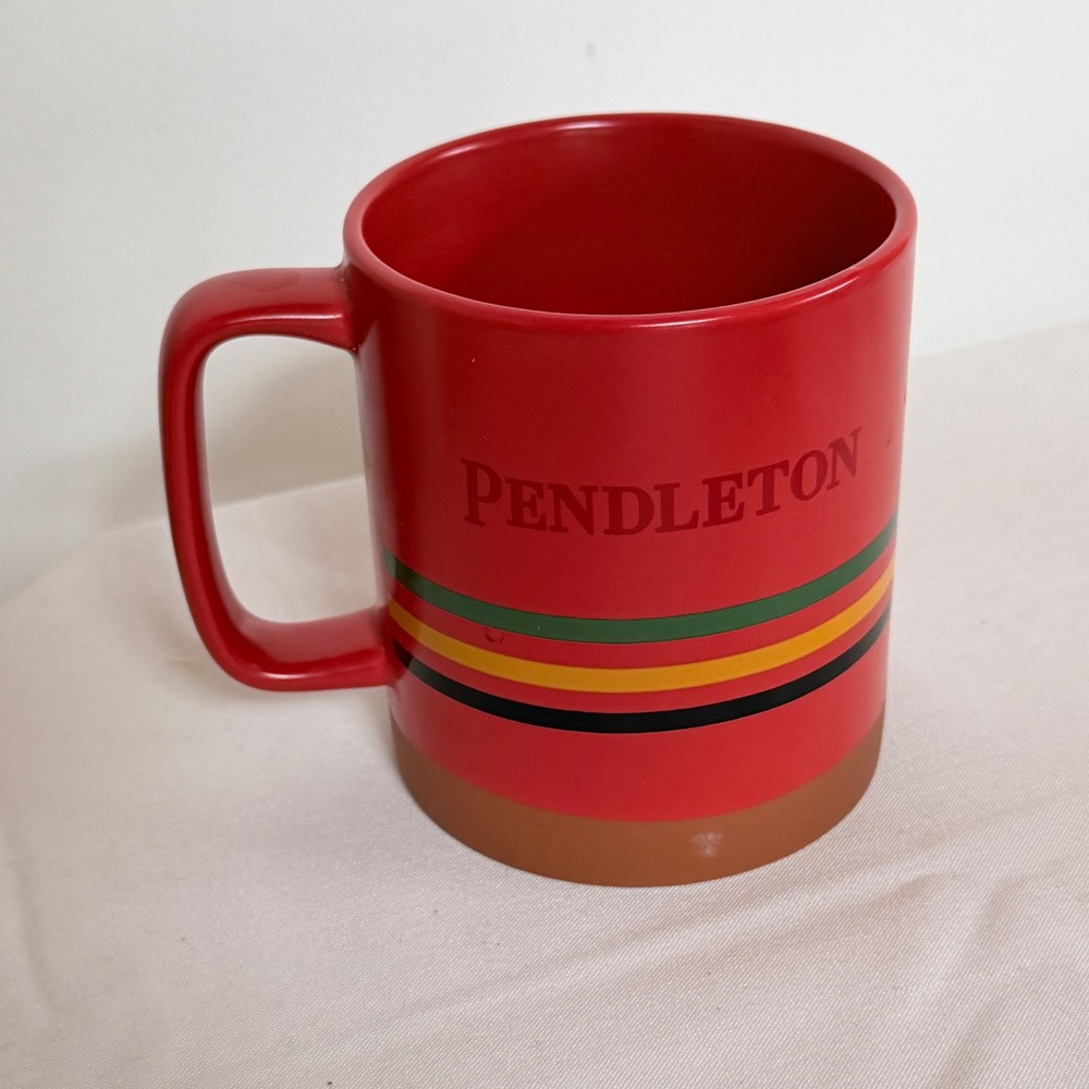 Pendleton Red Ceramic Coffee Mug 18oz Multi Stripe Stoneware Cup